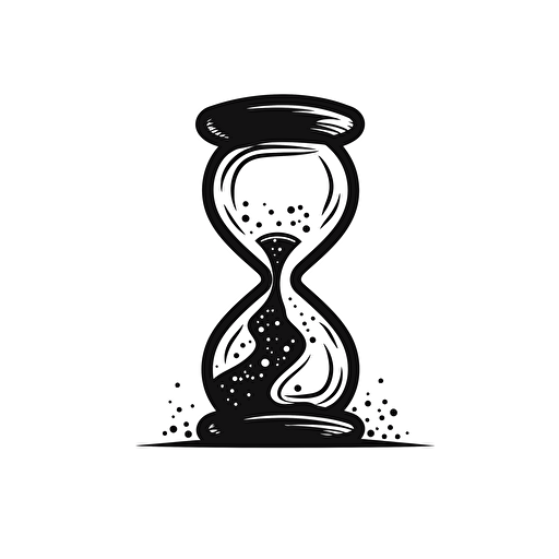 A simple black and white vector image of an hourglass that is running out. There is only a small amount of sand left in the top chamber. The outline of the hourglass and the sand is black on a white background. Output in SVG format