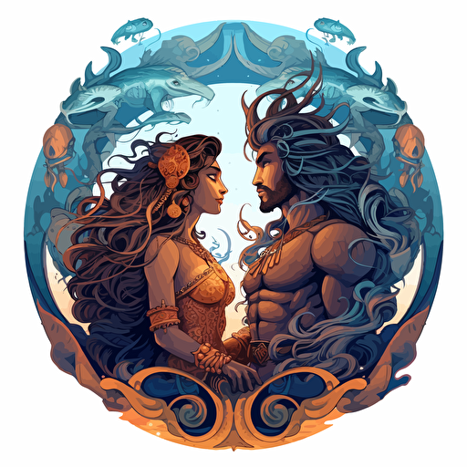 round up design with digital illustration of shiva and parvati, magic world inspired by Studio Ghibli, vector illustration, intricate details, unreal engine, extremely high detailing, sharp, white background