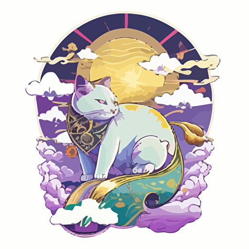 cat japanese style with flames gold coins clouds scifi vector detailed high definition white purple green blue yellow