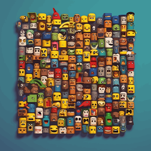 cartoon style vectorized hundreds of lego heads diferent expressions