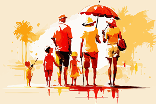 65years old family and 25 years old children on vacation vector illustration, in the style of minimalistic brushstrokes, willem haenraets, dora carrington, #myportfolio, minimalistic figurative, light yellow and light crimson, travel