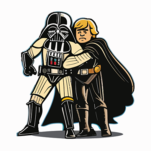 Darth vader and luke skywalker hugging, Clipart, Enthusiastic, Primary Color, comic style, Contour, Vector, White Background, Detailed