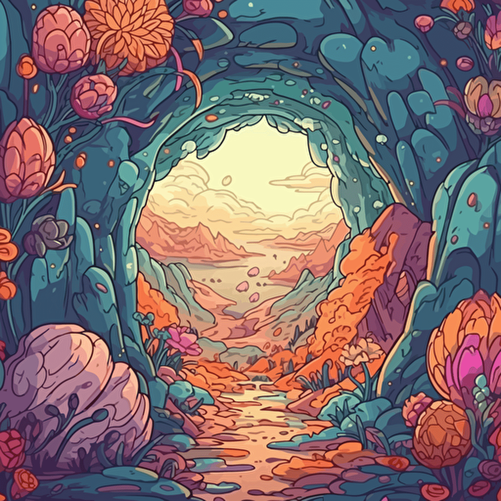 cozy fantasy portal in bright daytime, close up, looking out to other surreal dimension with colorful flowers, trees, cliffs, creatures. Vector illustration. 2D hand drawn cartoon animation style. — ar 16:9