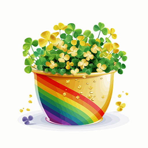 rainbow pot of gold, flowers, detailed, cartoon style, 2d clipart vector, creative and imaginative, hd, white background