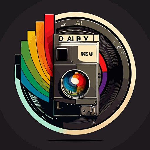 vector drawn logo, 3-1/4" floppy disk, cinema lens iris, colour wheel