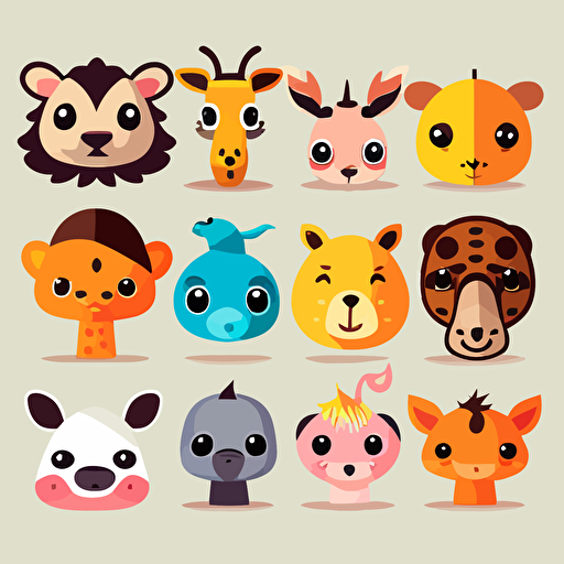 10 cute cartoon vector style animal head for kids without background