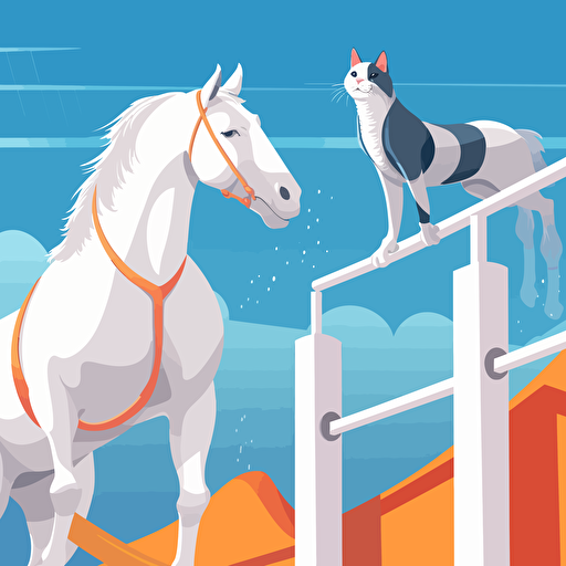 An cat that American Shorthair with orange stripes on a white background and a horse that sky-blue furred with white skin climbing in artificial climbing wall, bright sunny day, cheering crowd below, Vector illustration with a clean, modern style, created using Adobe Illustrator, 1:1 ratio,