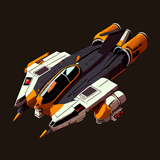 space ship from the Battlestar Galactica universe, top down, isometric, orange and grey, black background, minimalistic, vector
