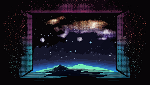 2D Vector, 1990s poster, 8bit pixel art, liminal space backdrop with border, mostly empty, cosmic stars space, high definition, soft gradients