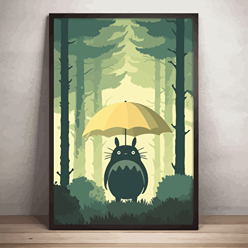 Movie poster, minimalist, vector, art deco, Minimalist movie poster, of totoro standing in a lush forest with an umbrella 2:3