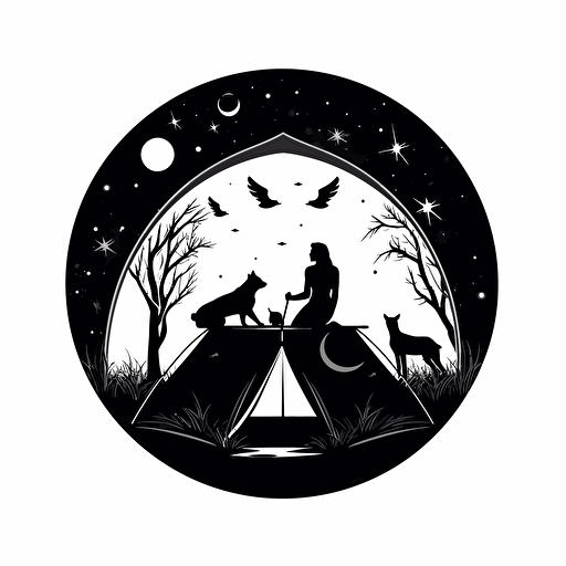 Enchanting logo of a couple stargazing in a tent surrounded by animals, in a minimal and elegant silhouette style. The logo has a white background in vector format