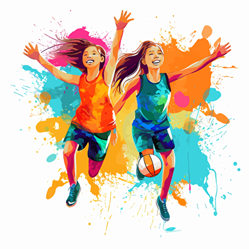 Vector illustration, of two beautiful happy 9 years old girls playing basketball, in vivid colors with white background