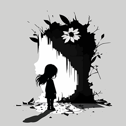 A minimalistic illustration of a sad little girl, looking to the floor, with a flower in her hand, and her shadow transforms into a destroyed building, style: minimalistic flat vectors, black and white, detailed, no shades.
