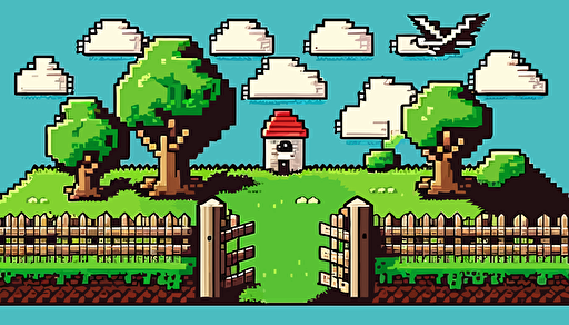 vector cartoonish illustration of a pixel land with a nice fence
