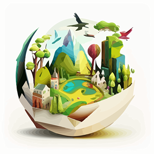 a 360°C model with an imaginary city and nature. Vector and childish style. Very colored. Very happy. white background without shadow.