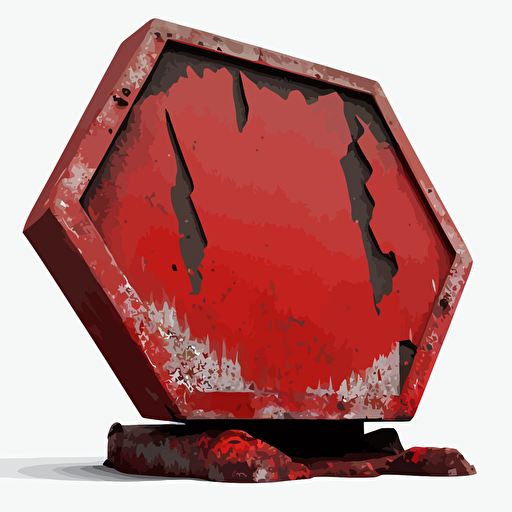 a red octagonal traffic sign, decayed and rotting, freestanding but tilted to the side like it's been hit by something, and then abandoned for years, vector, no background