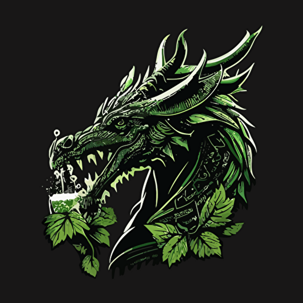 Vector logo of a dragon drinking a beer in a party , minimal Black and green