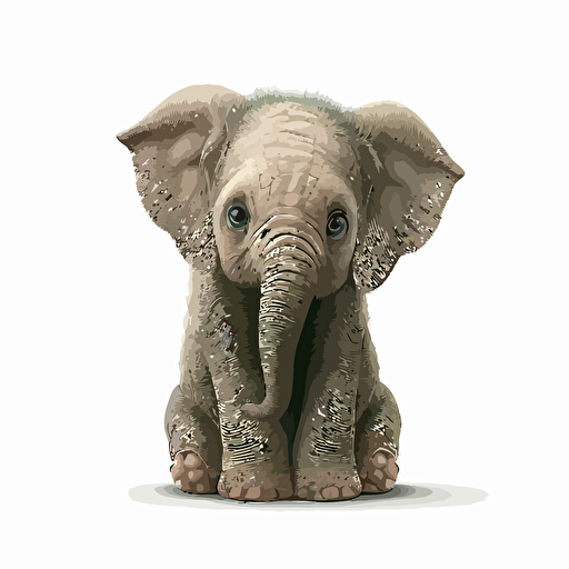 adorable baby elephant sitting, large eyes, vector style, white background