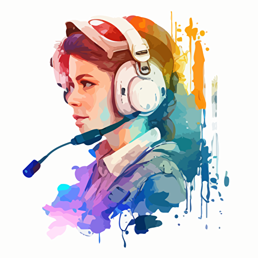female with pilot headset and mic pastel, ranibow, simple vector drawing, watercolor, 2d
