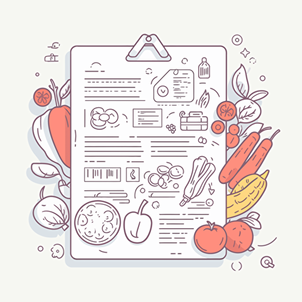 clipboard with an invoice on it, surrounded by fruits and vegetables, clean vector line drawing style