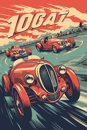 1940's car racing sport event in cartoon vector style,