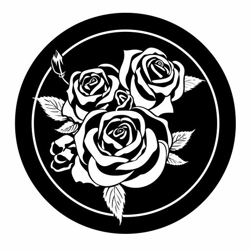 a simple wedding logo, black an white, shall contain roses, two wedding bands, no grey shades, vector art, shall be circular, flat