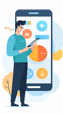 a man looking at mobile phone, holding mobile phone, at home, UI illustration, vector illustration, white background, simple, clean, bright, advanced color sense, mobile terminal