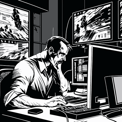 Create a black and white vector art image of a man working furiously at his desk with multiple monitors, depicting the energy and intensity of a high-pressure work environment. Ensure that the image captures the sense of urgency and focus in the man's expression, as well as the complexity and intricacy of the technological tools he is using to complete his tasks. Consider incorporating details such as cables, keyboards, and other office equipment to enhance the realism of the scene. circular art