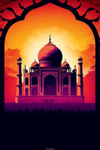 taj mahal, dramatic lighting, vibrant colors, faint clouds, front view, vector,