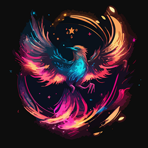neon pink and blue phoenix rebirthing from the ashes galaxy stars vector illustration consciousness golden light black