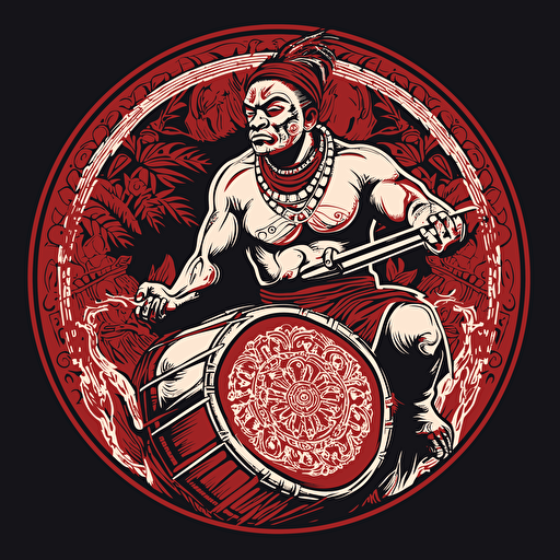 Design a captivating one-color vector illustration featuring a spirited Tongan warrior playing the drums with infectious joy, capturing the essence of their rich cultural heritage and musical traditions.