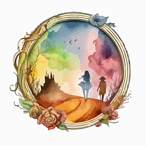 wizard of oz, round frame vector, Illustration, watercolor, sticker art, white background, pastel colors