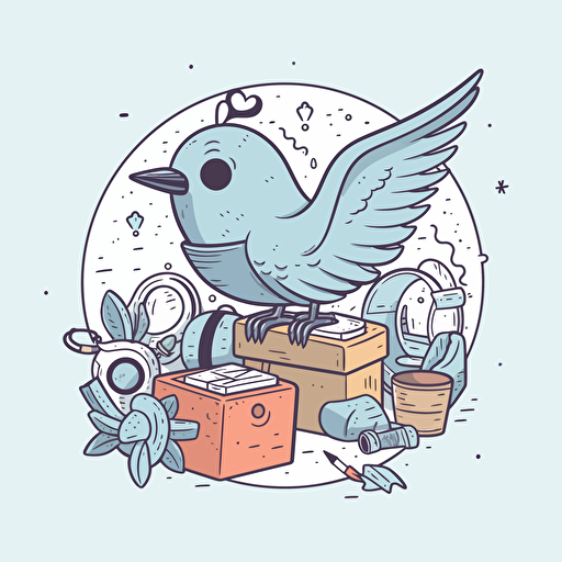 Illustration of a bird flying over gift boxes holding a magnifying glass. doodle style vector minimalist