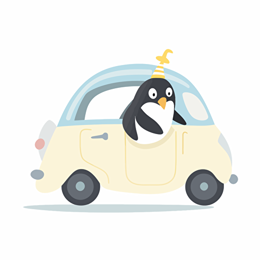 Vector date, w/b art, Fiat 500, emperor penguin, Cute style, white background,