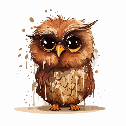 grumpy messy little owl, in style of young children's book, vector, isolated on white