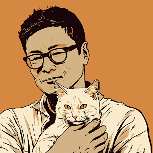 vector art style, 42 year old white asian male, thick rim glasses, holding a cat, in the style of Michael Parks
