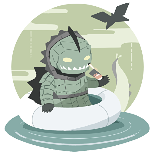 The Creature from the black lagoon Gillman relaxing on a pool float. Vector icon, white background rtx on