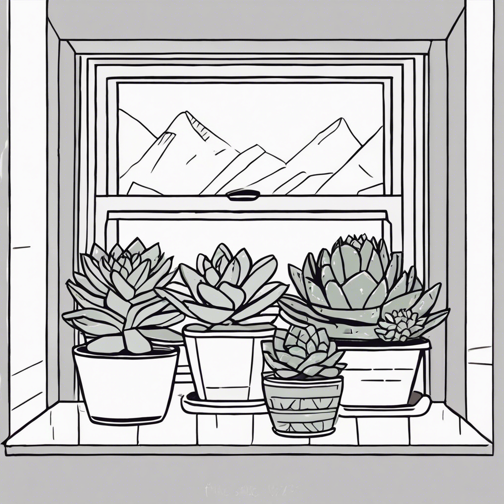 Potted succulents on a sunny windowsill., illustration in the style of Matt Blease, illustration, flat, simple, vector