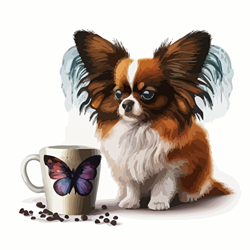 a cute papillon dog next to a cup of coffee, vector art logo, cartoonistic style, white background
