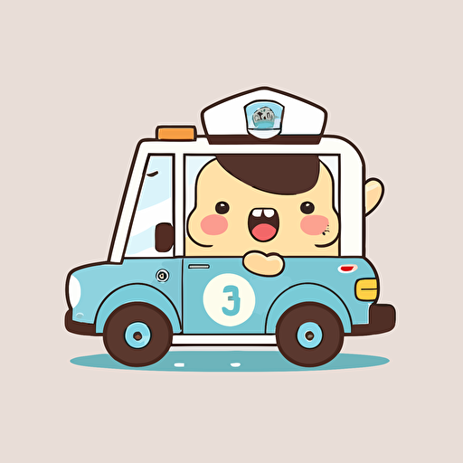white background, happy, police officer, no fill, kawaii style, driving police car, no color, flat vector