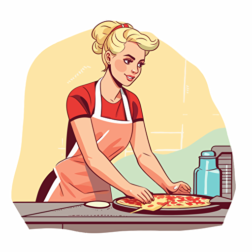 sketch drawing of ukrainian blonde girl working as a pizza maker. Very simple vector art, flat colors.