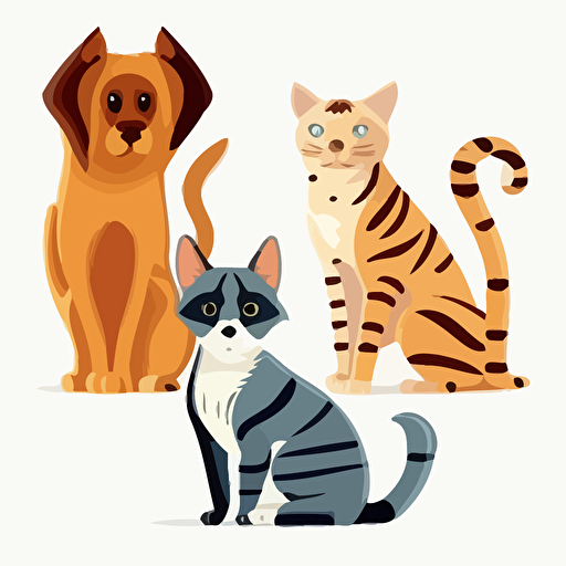 cat, dog, coala, tiger in flat cartony naive childish style, flat vector 2d on white background