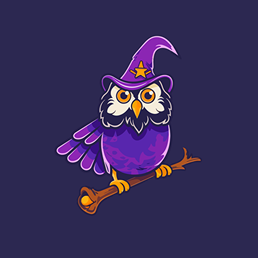 wizard owl flying, bumping it's nose into a wall in side profile, holding a magic wand with it's feet, vector logo, purple, simple, dribbble art