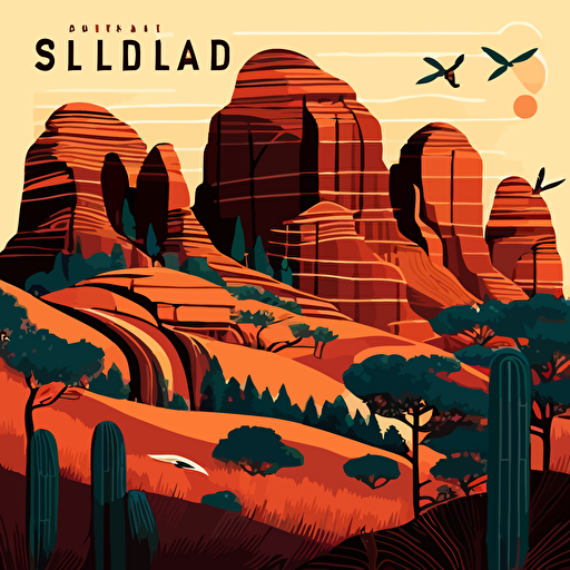 detailed flat vector image of the buttes in sedona, high resolution, stylistic collage