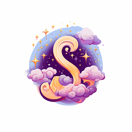 vector logo with clouds and stars, purple and pink colors, tiny letter s in bubble