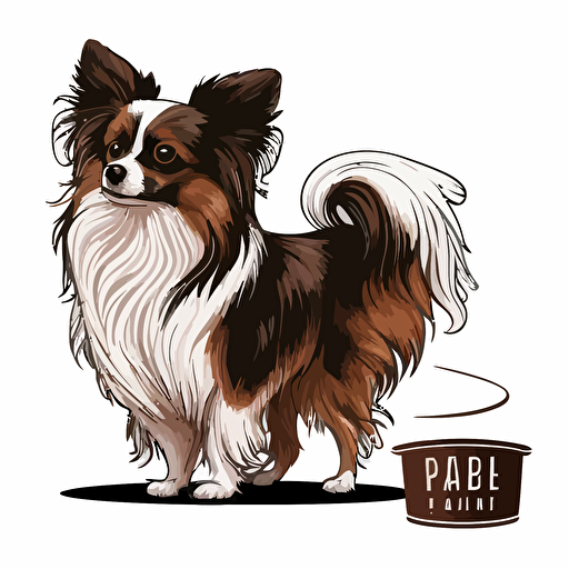a sable and white papillon dog standing next to a cup of coffee, vector art logo design, cartoonistic style, white background