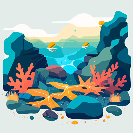 tidepool on a rocky coast, sea stars on rocks, kelp, minimalist design, fun vibe, vector, 2d, flat