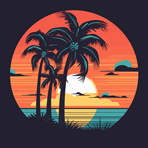 a clean retro inspired vector illustration of a miami beach palm tree with sunset