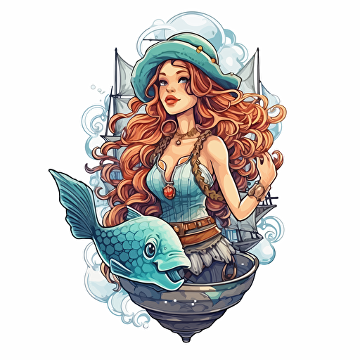 mermaid with ship captain digital art, vector, hyper-detailed, white background, sticker,