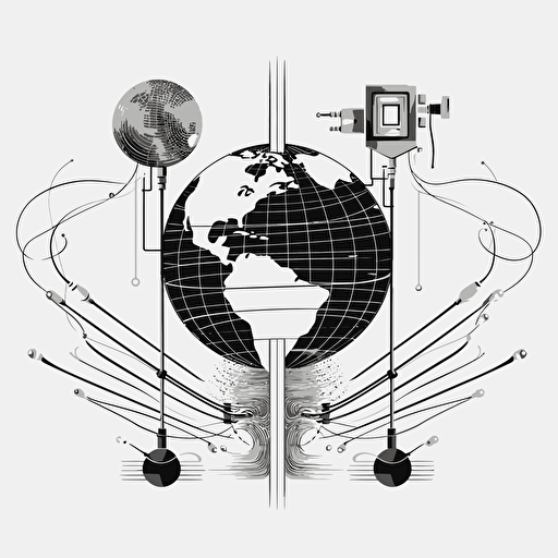 vector art, surreal design, cyber sigil, flat design, black and white, white background, a straight line of wires connecting a computer to a globe in a straight line